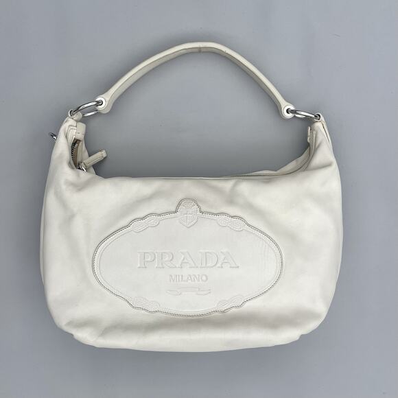 Prada Tessuto Hobo Shoulder Bag Embossed Logo White Leather - Picture 1 of 16